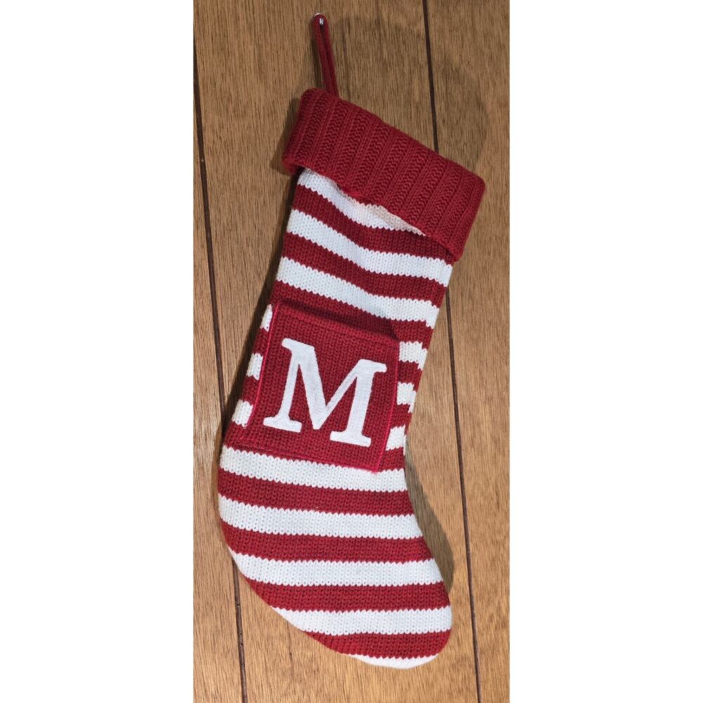 Wondershop Christmas Stocking Red White Striped Monogram M Knit 18 Inch